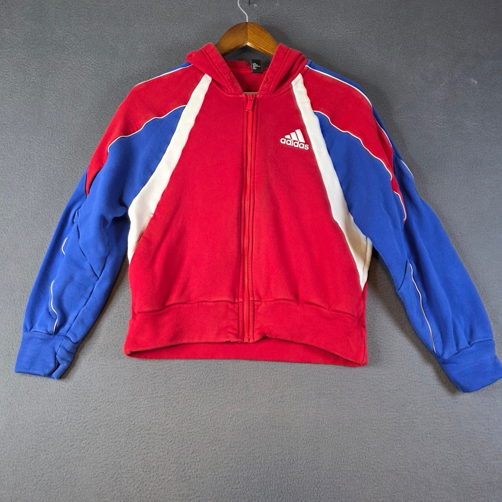 Adidas Hoodie Jacket Womens S Red Blue White Y2K Cropped Colorblock Streetwear